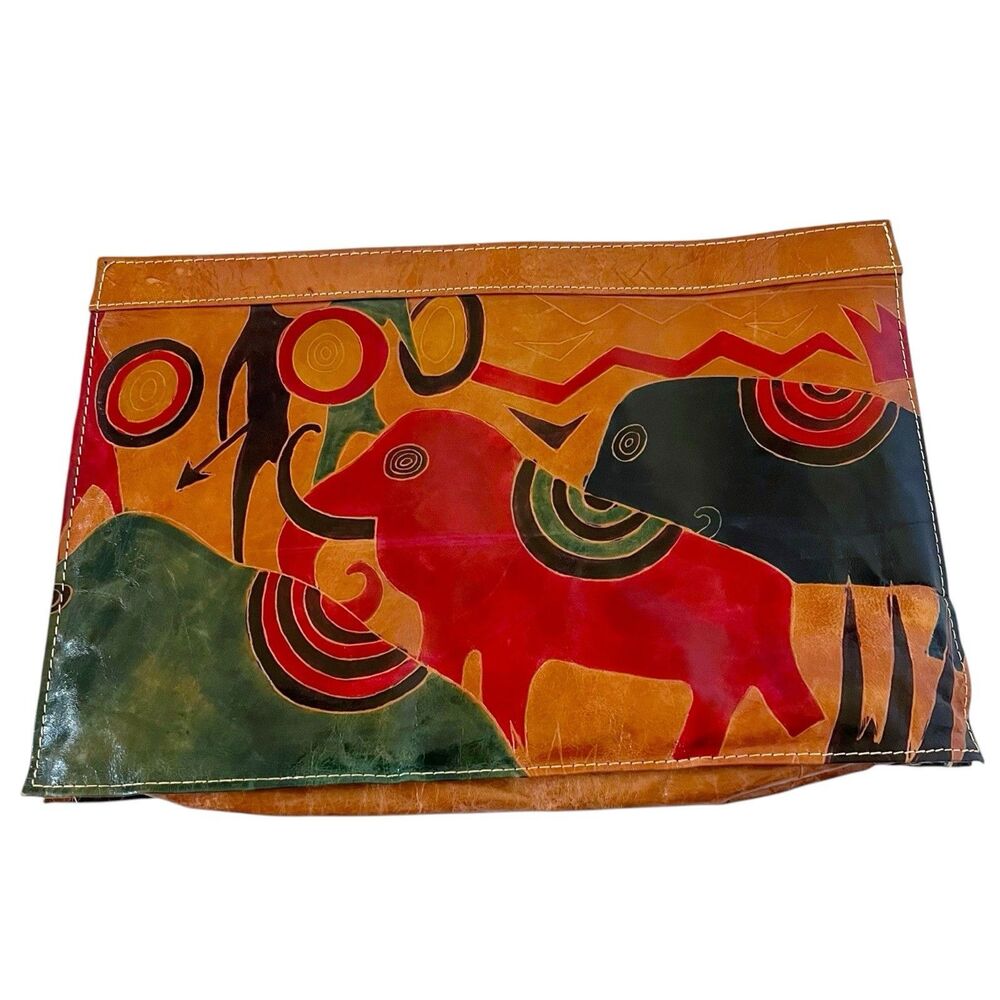 Hand Painted Leather Elephant Clutch Purse Boho African Folk Art Artisan Bag